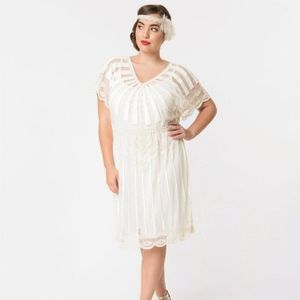 Plus Size 1920s Style White Bead Embellished Deco